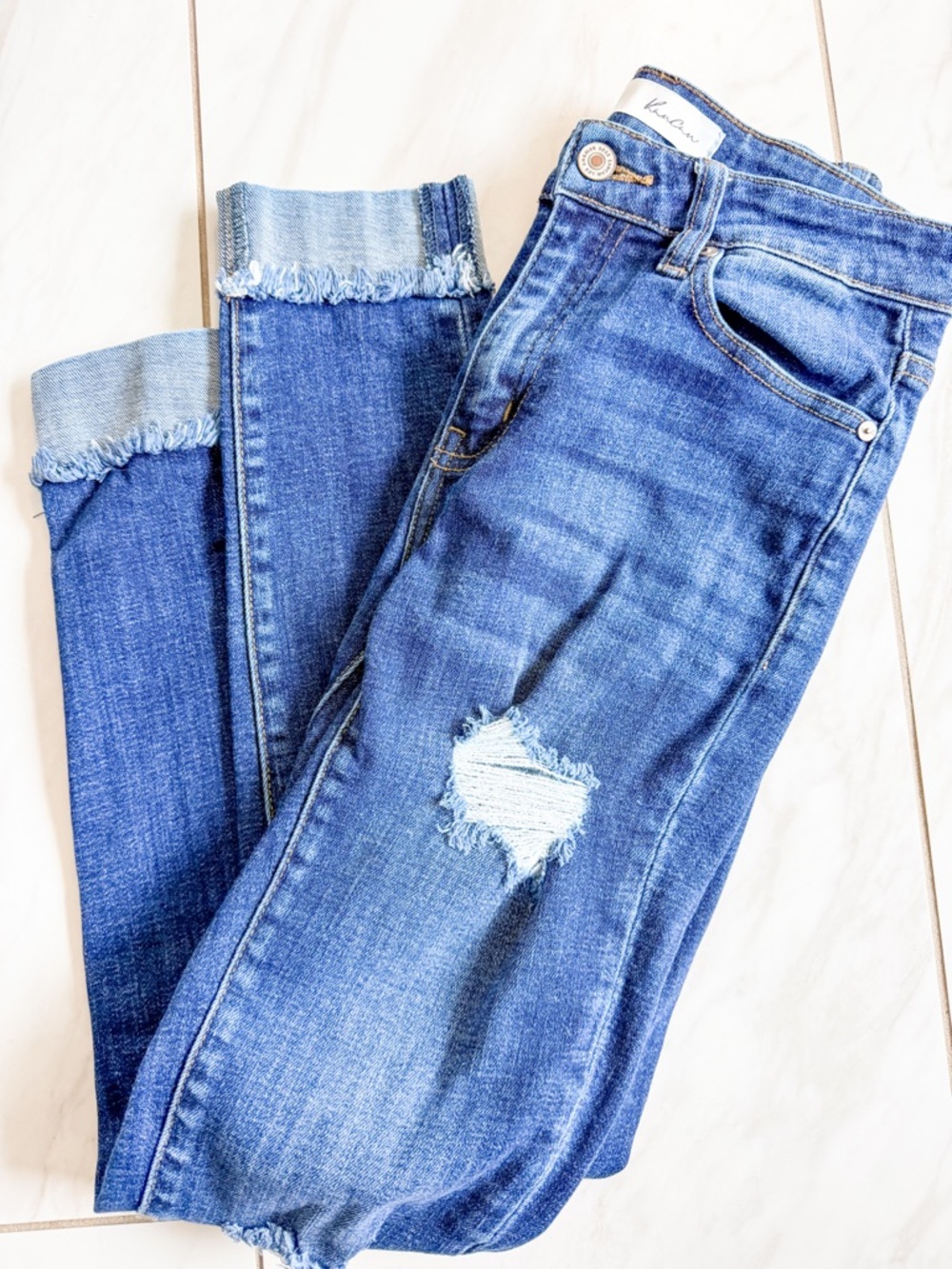 KanCan High Rise Blue Skinny Jeans with Distressed Knee
